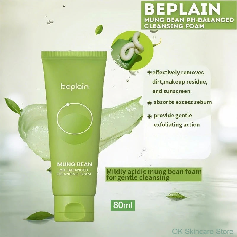 Korean Skincare Set Beplain Mung Bean Face Cleansing Foam,Face Serum,Exfoliate Pore Remover Clay Mask and Cleansing Oil 4pcs Set