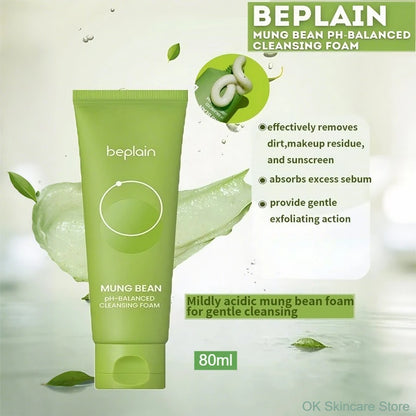Korean Skincare Set Beplain Mung Bean Face Cleansing Foam,Face Serum,Exfoliate Pore Remover Clay Mask and Cleansing Oil 4pcs Set