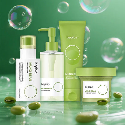 Korean Skincare Set Beplain Mung Bean Face Cleansing Foam,Face Serum,Exfoliate Pore Remover Clay Mask and Cleansing Oil 4pcs Set